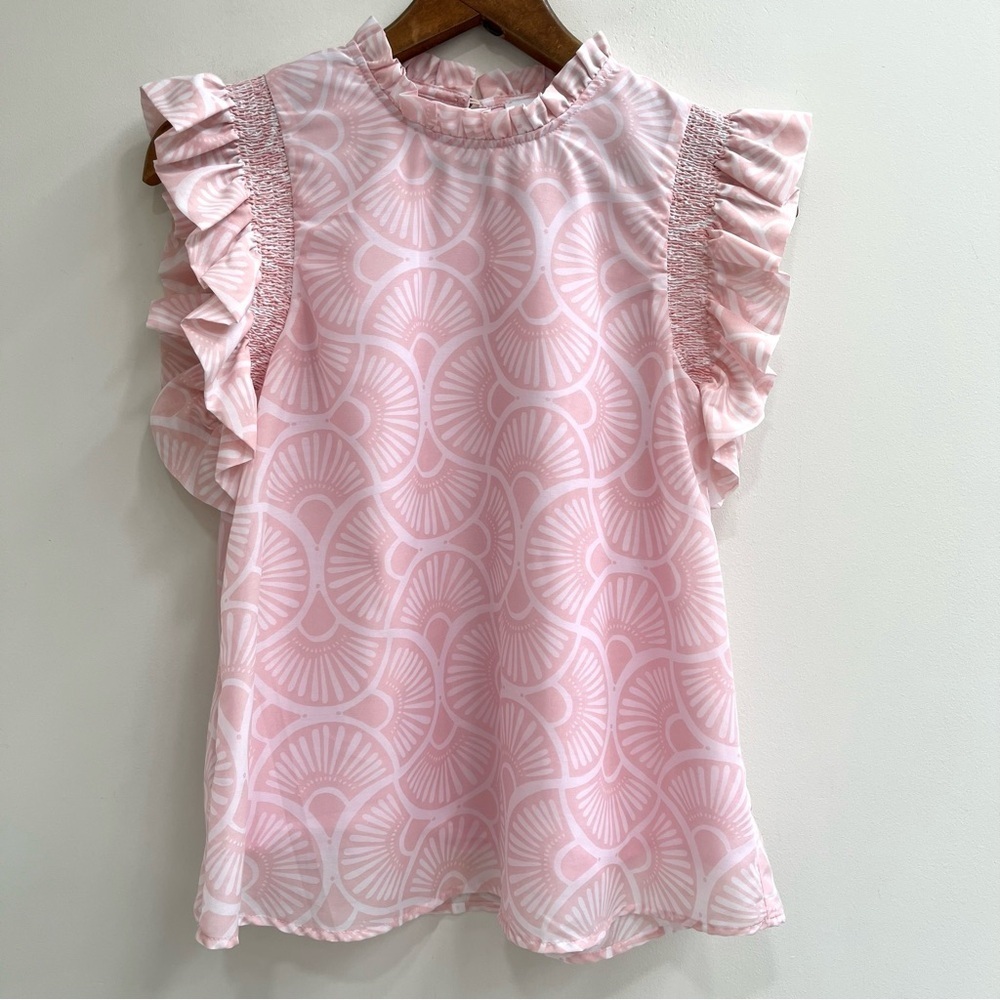 J. Marie Millie Ruffle Sleeve Top Powder Pink White Fan Print Summer Pastel S